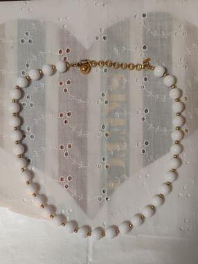 Monet Signed Vintage White Beaded Necklace with Gold Accents
